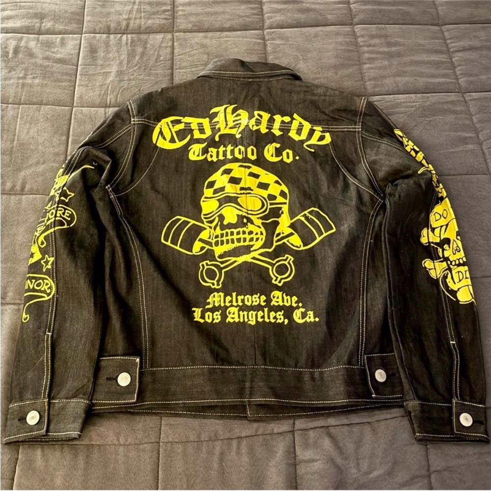 Ed Hardy Black Jacket with Vibrant Yellow Tattoo Inspired Skull Design NWT - Picture 2 of 10